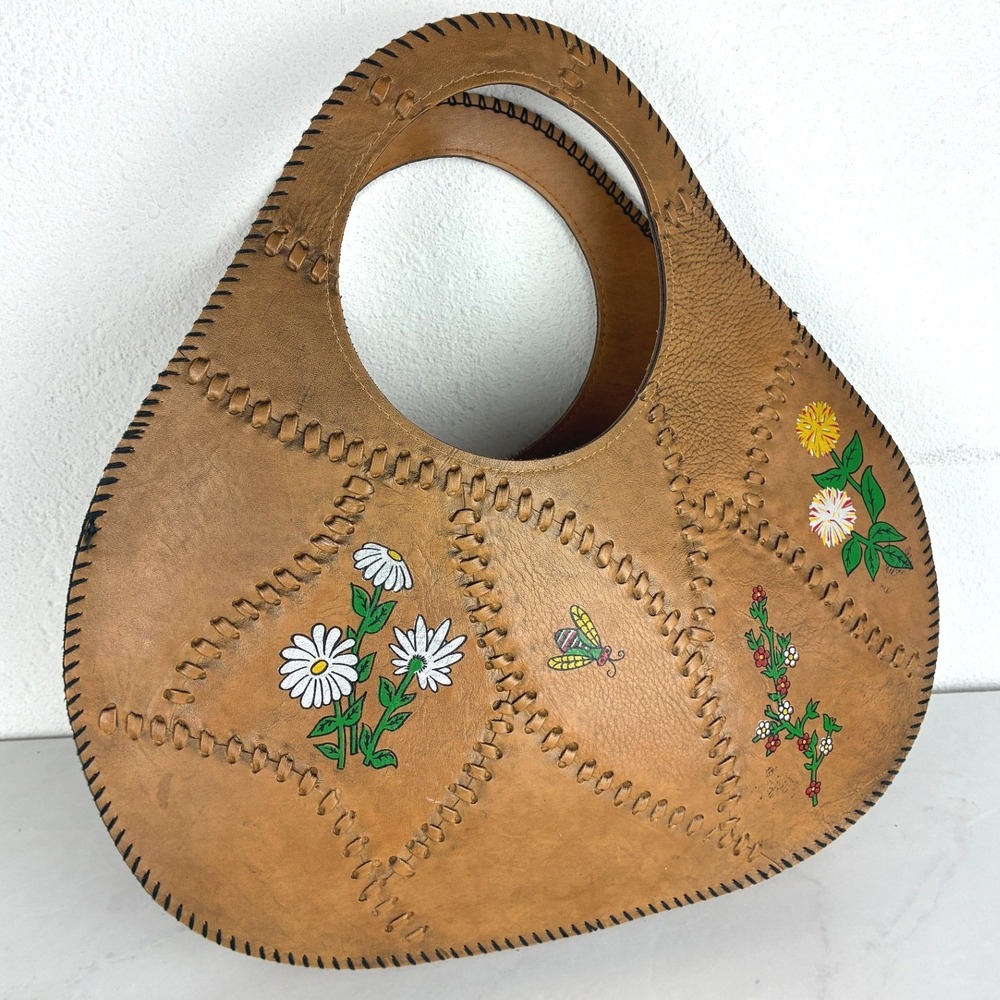 Unbranded Tan Leather Handbag -OS- Hand Painted Floral Whipstitch Boho 70s Retro